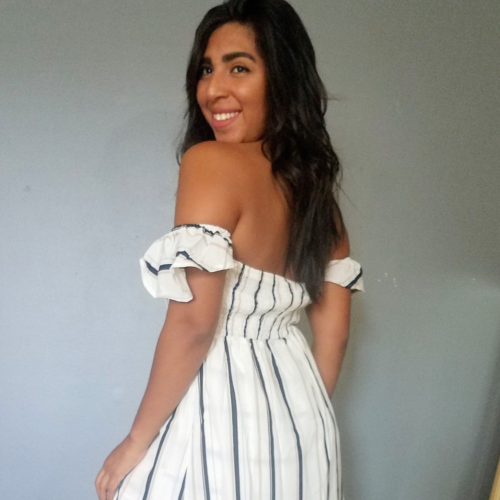 LAST//BEVERLY IVORY NAVY TAN STRIPED MAXI ROMPER - Picture 4 of 8